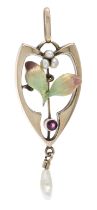 Art Nouveau pendant RG 375/000 (9ct) with polychrome enamel, a round-faceted red gemstone 2.6 mm,