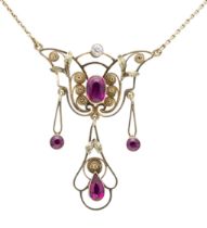 Filigree Art Nouveau necklace GG 585/000, unhallmarked, assayed, set with variously faceted rubies