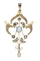 Filigree Art Nouveau pendant GG 375/000 (9 ct) featuring one oval and one teardrop-shaped opal