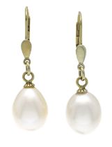 Pearl earrings GG 585/000 with 2 pear-shaped cream-white cultured pearls 12.5 x 10 mm, L. 34 mm, 4.3