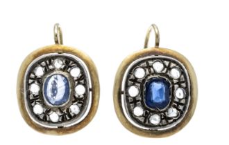 Sapphire-diamond earrings GG 585/000 and silver, unstamped, tested, featuring one antique-cut