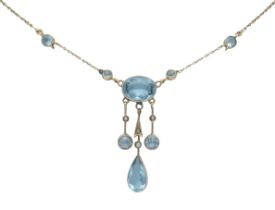 Art Nouveau necklace GG 585/000, unhallmarked, hallmarked, with variously faceted gemstones 9.9–3.