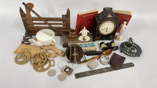 A TRAY OF COLLECTIBLES TO INCLUDE VESTAS, ONE HAVING AN ENAMEL FRONT, RULES,
