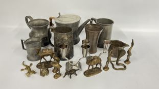 A GROUP OF PEWTER, WHITE METAL AND BRASS ITEMS TO INCLUDE UNUSUAL BEAKER, TANKARDS, TEAPOT,