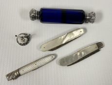 TWO VINTAGE SILVER AND MOTHER OF PEARL FRUIT KNIVES + A SILVER & MOTHER OF PEARL FORK (A/F),