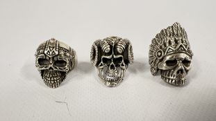 A GROUP OF THREE SILVER GOTHIC RINGS TO INCLUDE RAMS SKULL, INDIAN CHEIF AND EGYPTIAN MARKED 925.