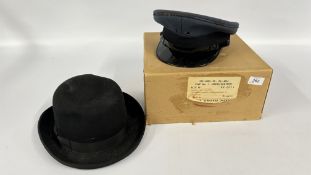 A AU WAILAM TAILOR Co DRESS / AIMAN CAP IN BOX AND A BOWLER HAT.