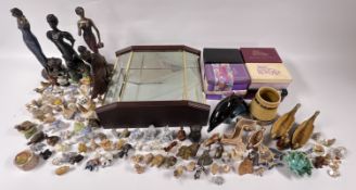 TWO BOXES OF CABINET COLLECTIBLES TO INCLUDE WADE WHIMSIIES, CLOISONNE, POOLE DOLPHIN,
