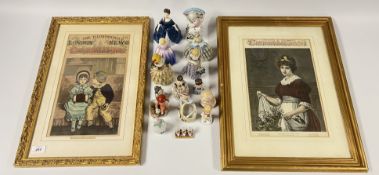 TWO FRAMED AND MOUNTED COLOURED CHRISTMAS ETCHINGS + A GROUP OF CABINET ORNAMENTS TO INCLUDE ROYAL