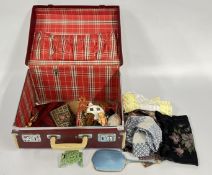 A VINTAGE SUITCASE AND CONTENTS TO INCLUDE LIBERTY PRINT BLOUSE MARKED 