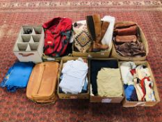 6 BOXES OF ASSORTED LADIES AND GENT'S CLOTHING, BAGS, CUSHIONS ETC.