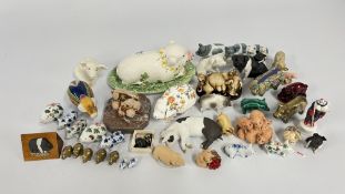 A COLLECTION OF PIG ORNAMENTS TO INCLUDE MALACITE, AYNSLEY & CLOISONNE EXAMPLES.