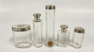 5 X SILVER TOPPED VANITY JARS.