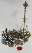 THREE BOXES OF COLLECTIBLES TO INCLUDE PLATED WARES, CLOCKS, BRASS MOUNTED BELLOWS,