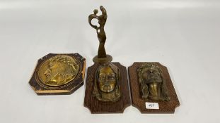4 X BRONZE + BRASS MOUNTED RELIGIOUS PLAQUES + HAMMERED BRONZE MADONNA AND CHILD.