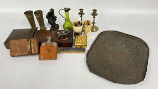 A GROUP OF COLLECTIBLES TO INCLUDE CASED SCALES, HIP FLASK, ARTS AND CRAFTS COPPER TRAY, CAMERA,