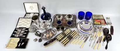 A BOX OF MIXED PLATED WARE, 3 PIECE TEASET, BLUE GLASS DECANTER, VINTAGE TINS,