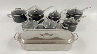 A GRADUATED SET OF 5 LE CREUSET SAUCEPANS + A FURTHER TWO GREEN PAN EXAMPLES AND A BOXED STAINLESS