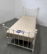 A MODERN CREAM FINISHED METAL FRAMED SINGLE BED ALONG WITH SILENTNIGHT MIRACOIL MATTRESS.