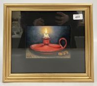 A FRAMED AND MOUNTED OIL ON CARD BEARING SIGNATURE JAMES ALLEN TITLED CANDLE LIGHT OCTOBER WHEN THE