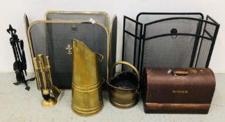 TWO METAL WORK SPARK GUARDS + 2 FOLDING FIRE SCREENS + 2 X METAL CRAFT FIRE SIDE SETS + 2 VINTAGE