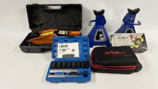 RAC 2000 KG HYDRAULIC TROLLEY JACK, PAIR MICHELIN 3 TONNE AXLE STANDS, FLY LINK TECH TYRE INFLATOR,