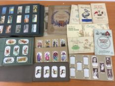 CIGARETTE CARDS: BOX WITH SLOT IN ALBUMS, STOCK PENNY ALBUMS ETC. PART AND SOME COMPLETE SETS.