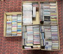 FIVE BOXES CONTAINING A COLLECTION OF CD'S, DVD'S, CASSETTES ETC TO INCLUDE CLASSICAL MUSIC,