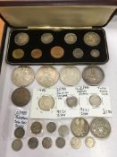 COINS: CIGAR BOX WITH MAINLY SILVER INCLUDING MARIA THERESA THALERS (2),