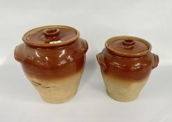 TWO VINTAGE STONEWARE STORAGE JARS.