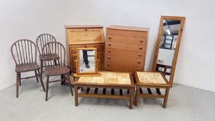 GROUP OF FURNITURE TO INCLUDE HONEY PINE BUREAU, TEAK TILE TOPPED SIDE TABLE,
