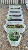 6 X RECTANGULAR GARDEN PLANTING TROUGHS AND HEXAGONAL PLANTER OF MATCHING DESIGN.