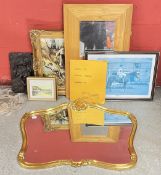 A GROUP OF FRAMED PICTURES, PRINTS AND MIRRORS TO INCLUDE (R) GILT FRAMED MIRROR WITH SHELL MOTIF,