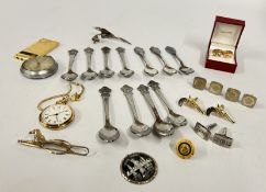 A WOODEN BOX AND CONTENTS TO INCLUDE ROLEX SPOONS, GIVENCHY LIGHTER,