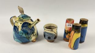 A COLLECTION OF RICHARD WILSON GLAZED ABSTRACT STUDIO POTTERY TO INCLUDE TEA POT,