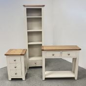 A MODERN PAINTED FINISH TWO DRAWER HALL TABLE WITH A NATURAL OAK FINISH TOP + A MATCHING THREE