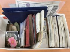 EPHEMERA: BOX WITH VARIOUS, ALBUM OF CRESTS AND A FEW STAMPS, TEA CARDS, D.C.