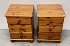 PAIR OF THREE DRAWER HONEY PINE BEDSIDE CHEST OF DRAWERS, W 43, D 39, H 57CM.