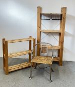 A DESIGNER METAL CRAFT OCCASIONAL CHAIR WITH CANE WORK SEAT + TWO OPEN WORK IKEA SHELVING UNITS.