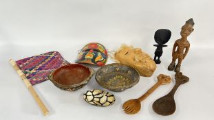 A COLLECTION OF ETHNIC ITEMS TO INCLUDE MASKS, CARVINGS, PAPERMACHE BOWLS ETC.