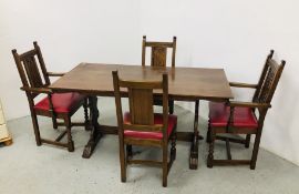 AN OLD CHARM DINING TABLE AND FOUR CHAIRS.
