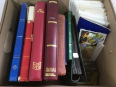 STAMPS: BOX WITH A COLLECTION IN EIGHT VOLUMES AND LOOSE, GB FIRST DAY COVERS, ISLE OF MAN,