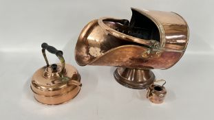 A VINTAGE COPPER COAL SCUTTLE & A LINAGLOW COPPER KETTLE + A FURTHER MINIATURE EXAMPLE (NO LID).