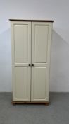 A MODERN CREAM FINISHED DOUBLE WARDROBE WITH NATURAL PINE TOP, W 88 X D 55 X H 185CM.