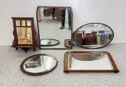 FIVE MIRRORS TO INCLUDE VINTAGE OAK FRAMED 78CM H X 60CM W, LARGE OVAL METAL FRAMED MIRROR ETC.