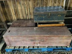 THREE VINTAGE WOODEN BOXES TO INCLUDE PINE BOX STAMPED 'SHARPLES' W 174CM X D 41CM X H 42CM PLUS