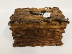AN EASTERN MANGROVE WOOD TREASURY BOX, 30CM X 19CM X 18CM.