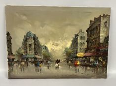 AN OIL ON CANVAS OF A PARISIAN STREET SCENE, SIGNED ANTONIO DEVITY - W 69.5 X H 50CM.