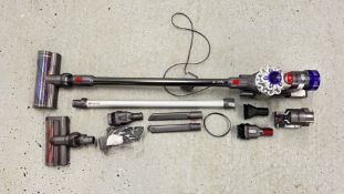 DYSON V8 CORDLESS VACUUM CLEANER COMPLETE WITH CHARGER AND VARIOUS LEADS ALONG WITH AN INCOMPLETE