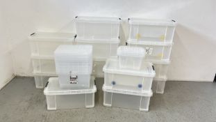 APPROX 14 X 68L HEAVY DUTY PLASTIC STORAGE BOXES PLUS 8 X 37L PLASTIC STORAGE BOXES.